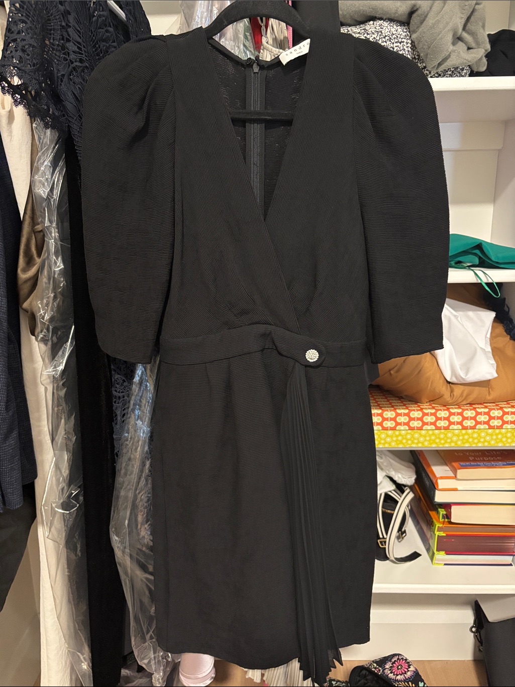 Sandro Black V-Neck Puff Sleeve Wrap Dress Size 34